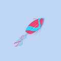 Colorful Blue And Red Kite Flying High In Clear Blue Sky With Clouds