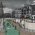 Charming Commercial Street With Canal Boat Traditional Buildings Trees And Benches