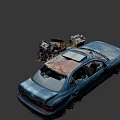 Old Blue Car With Damaged Front Broken Windows And Rusty Engine Parts 3d model