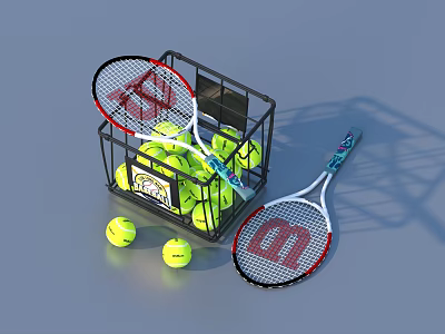 Black Metal Basket Filled With Yellow Tennis Balls And Two Rackets Featuring Red W Logo 3d model