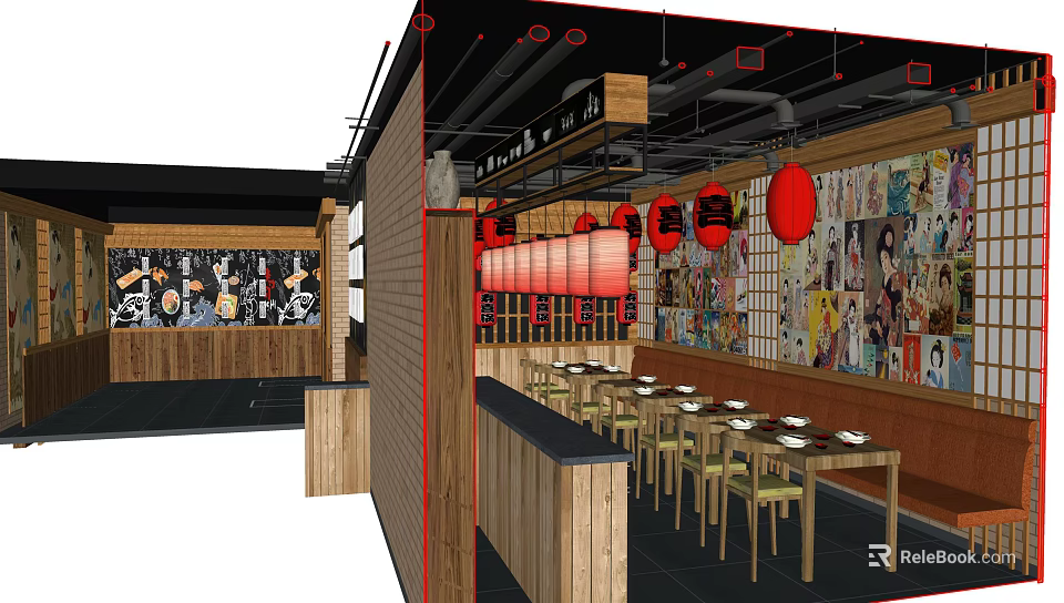 Japanese Restaurant Interior With Red Lanterns Wooden Decor And Anime Posters 3d model 