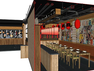 Japanese Restaurant Interior With Red Lanterns Wooden Decor And Anime Posters 3d model