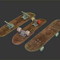 Three Wooden Skateboards With Worn Surfaces Metal Trucks And Wheels