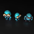 Three Blue Animated Game Character Figures With Big Eyes And Distinct Sizes