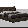 Modern Minimalist Double Bed With Brown Leather Tufted Headboard White Pillows And Dark Striped Comforter