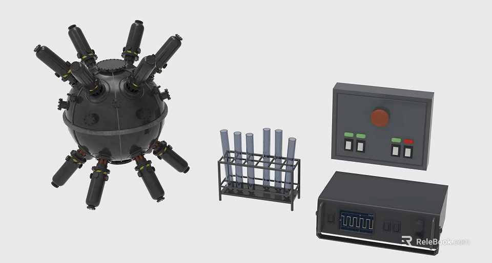 Industrial Equipment With Spherical Device Metal Rack Cylindrical Tubes Control Cabinet Buttons And 3d model 