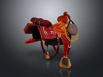 Traditional Red Horse Saddle Equipment With Decorative Straps Saddlebag And Stirrups 3d model