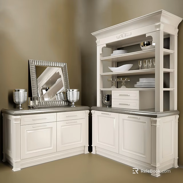 Classic White Sideboard With Mirror Candle Holders Dishes And Storage Cabinets 3d model 