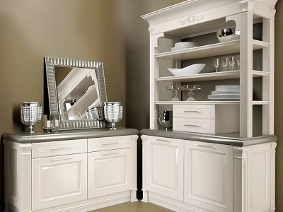 Classic White Sideboard With Mirror Candle Holders Dishes And Storage Cabinets 3d model