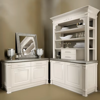 Classic White Sideboard With Mirror Candle Holders Dishes And Storage Cabinets 3d model