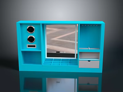 Modern Blue Storage Cabinet With Transparent Panel Circular Openings Drawers And Grid Shelf 3d model