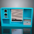 Modern Blue Storage Cabinet With Transparent Panel Circular Openings Drawers And Grid Shelf