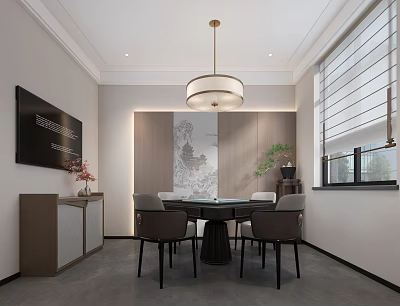 Hotel Mahjong Room Interior With Modern Chinese Style Wooden Table Chandelier And Decorative Painting 3d model