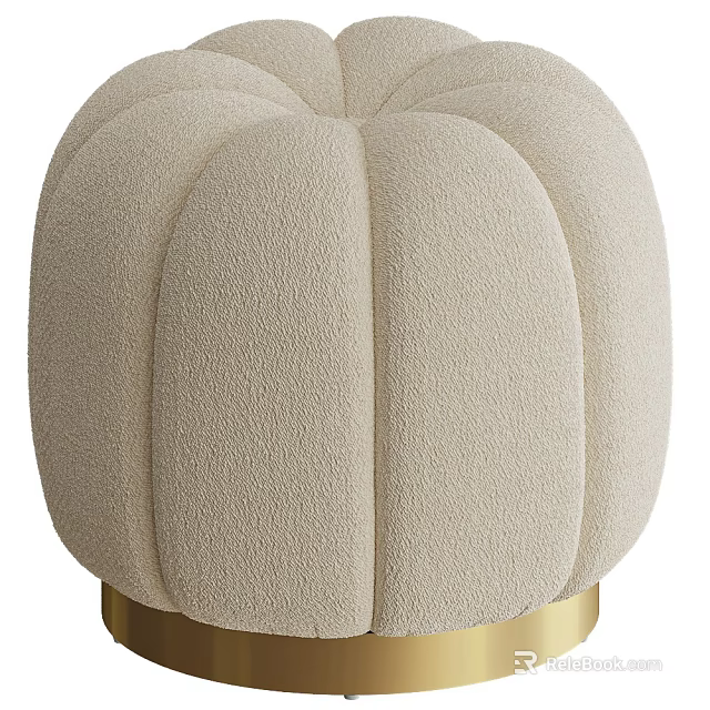 Stylish Pumpkin Shaped Beige Velvet Ottoman With Gold Base For Living Room 3d model 