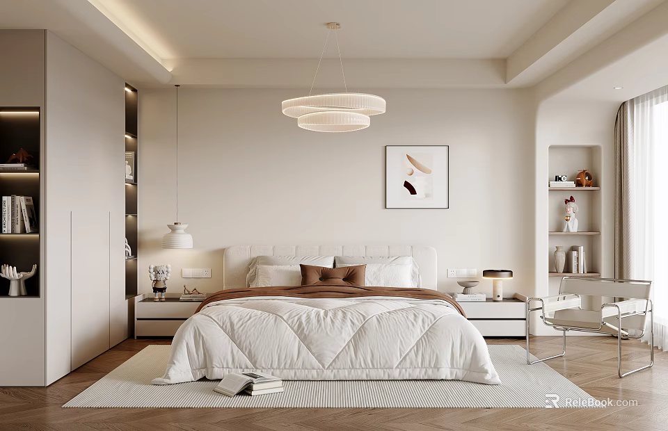 Modern Bedroom Interior Design With Cozy Bed Circular Pendant Light Nightstands Framed Artwork And Rug 3d model 