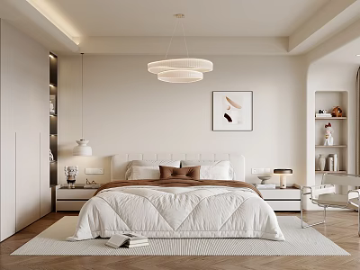 Modern Bedroom Interior Design With Cozy Bed Circular Pendant Light Nightstands Framed Artwork And Rug 3d model