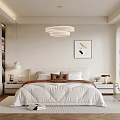 Modern Bedroom Interior Design With Cozy Bed Circular Pendant Light Nightstands Framed Artwork And Rug