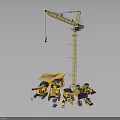 Different Types Of Yellow Heavy Construction Machinery With Tower Crane Bulldozer And Excavators