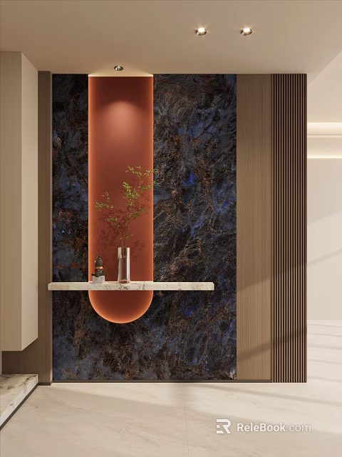 Entryway Hallway Featuring Dark Marble Wall Orange Accent And White Console Table With Green Plant 3d model 