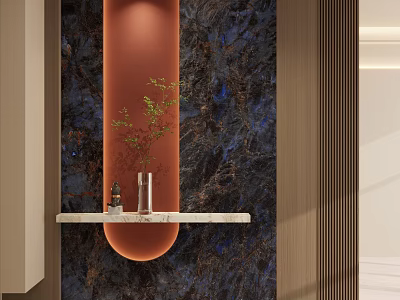 Entryway Hallway Featuring Dark Marble Wall Orange Accent And White Console Table With Green Plant 3d model
