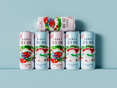 Lychee Sparkling Wine Cans with Fruit Patterns Against Light Blue Background 3d model