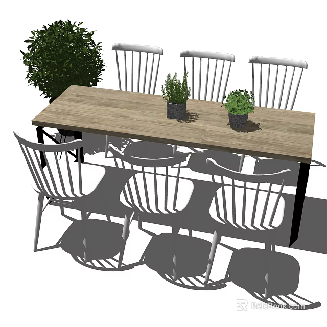 Modern Wooden Dining Table Set With Six Chairs And Potted Plants 3d model 