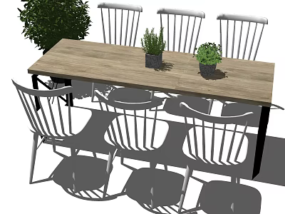 Modern Wooden Dining Table Set With Six Chairs And Potted Plants 3d model