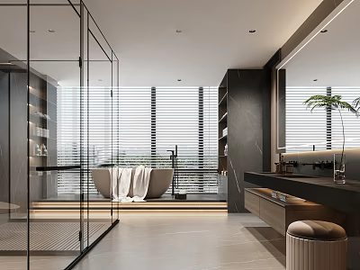 Elegant Modern Bathroom Interior With Glass Shower Bathtub Black Countertop And Large Windows Blinds 3d model