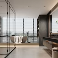 Elegant Modern Bathroom Interior With Glass Shower Bathtub Black Countertop And Large Windows Blinds