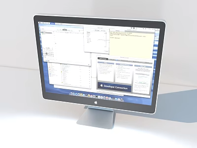 Modern Desktop Computer Monitor Displaying Multiple Office Application Windows With Sleek Silver Stand 3d model