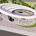 Modern Circular Visitor Center With White Exterior Surrounding Greenery And Stone Tile Flooring 3d model