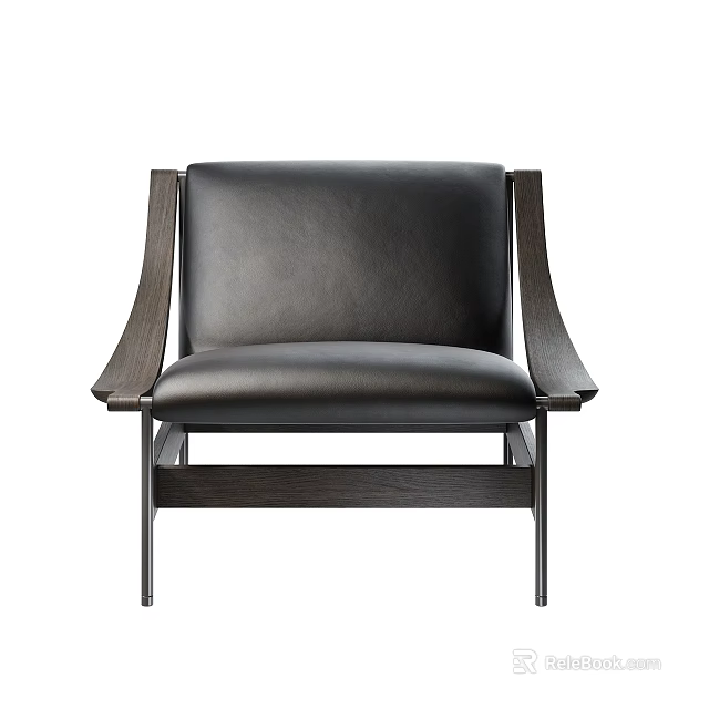 Modern Black Leather Leisure Chair With Wooden Armrests And Metal Frame Design 3d model 