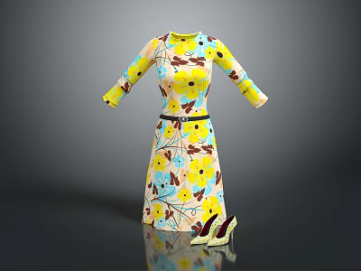 Floral Pattern Dress with Yellow Flowers Blue Leaves Black Belt and High Heels 3d model