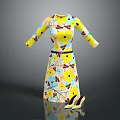 Floral Pattern Dress with Yellow Flowers Blue Leaves Black Belt and High Heels