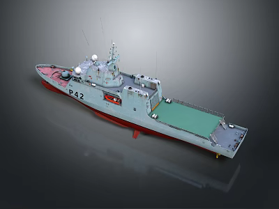 Patrol Boat P42 Gray Hull Red Bottom With Deck Equipment And Antennas 3d model