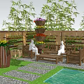Garden Courtyard Featuring Bamboo Plants Tiered Flower Stands Wooden Benches Stone Paved Path And Sculptures