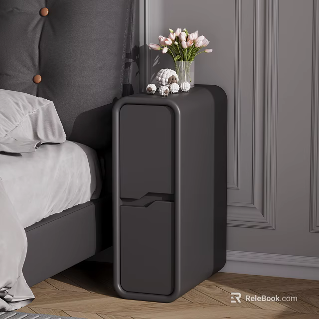 Modern Gray Nightstand With Pink Flowers Vase Small Decor And White Sheets In Bedroom 3d model 