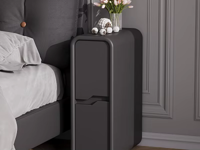 Modern Gray Nightstand With Pink Flowers Vase Small Decor And White Sheets In Bedroom 3d model