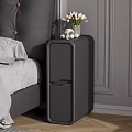 Modern Gray Nightstand With Pink Flowers Vase Small Decor And White Sheets In Bedroom
