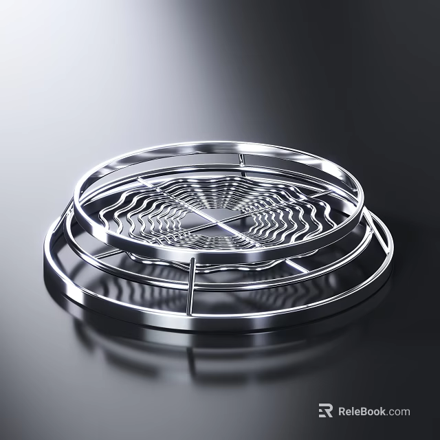 Multi layered Round Kitchen Steamer Rack With Wavy Grid Design On Black Reflective Background 3d model 