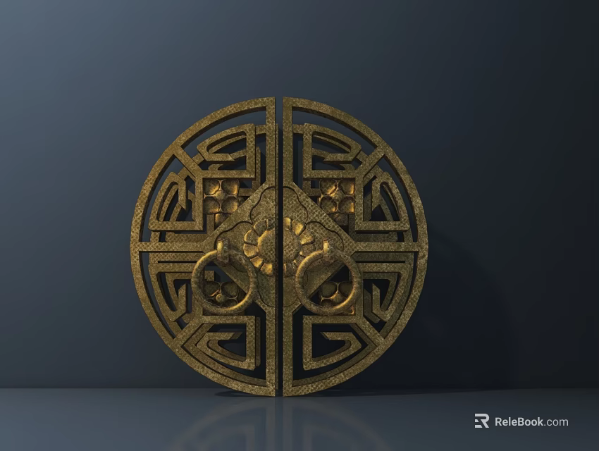 Traditional Golden Circular Door Handle with Intricate Openwork Carved Patterns 3d model 