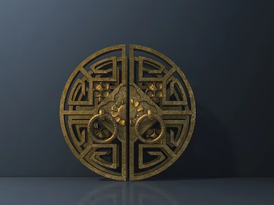 Traditional Golden Circular Door Handle with Intricate Openwork Carved Patterns 3d model