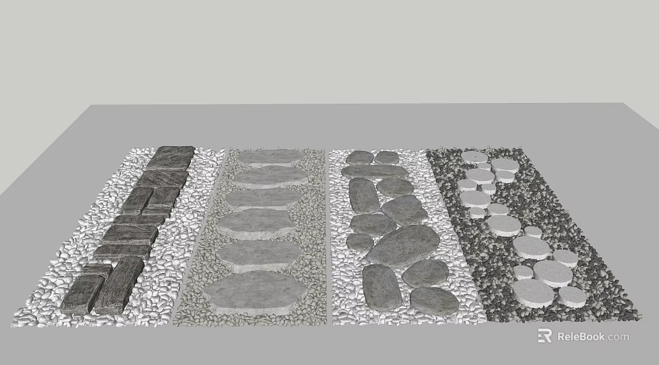 Stone And Wood Outdoor Paving Design With Slabs Pebbles And Natural Patterns 3d model 