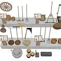 Vintage Agricultural Tools Display With Wheel Forks Hoes And Clay Pots On Exhibition Shelf