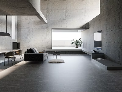 Modern Living and Dining Room with Concrete Walls Open Layout Sofa TV and Large Window 3d model