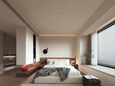 Modern Minimalist Bedroom Interior With Bed Gray Blanket Bedside Table Window Blinds And Plant 3d model
