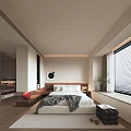 Modern Minimalist Bedroom Interior With Bed Gray Blanket Bedside Table Window Blinds And Plant