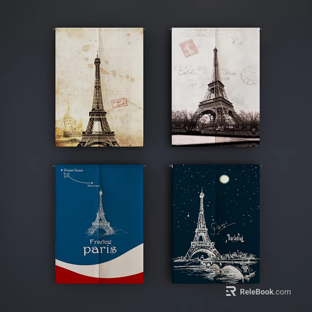 Stylish Kitchen Curtains With Eiffel Tower Prints Vintage Blue And Starry Designs 3d model 