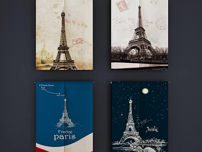 Stylish Kitchen Curtains With Eiffel Tower Prints Vintage Blue And Starry Designs 3d model