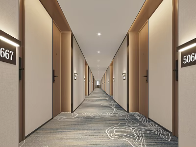 Modern Hotel Corridor Interior With Patterned Carpet Ceiling Lights And Room Numbers 3d model